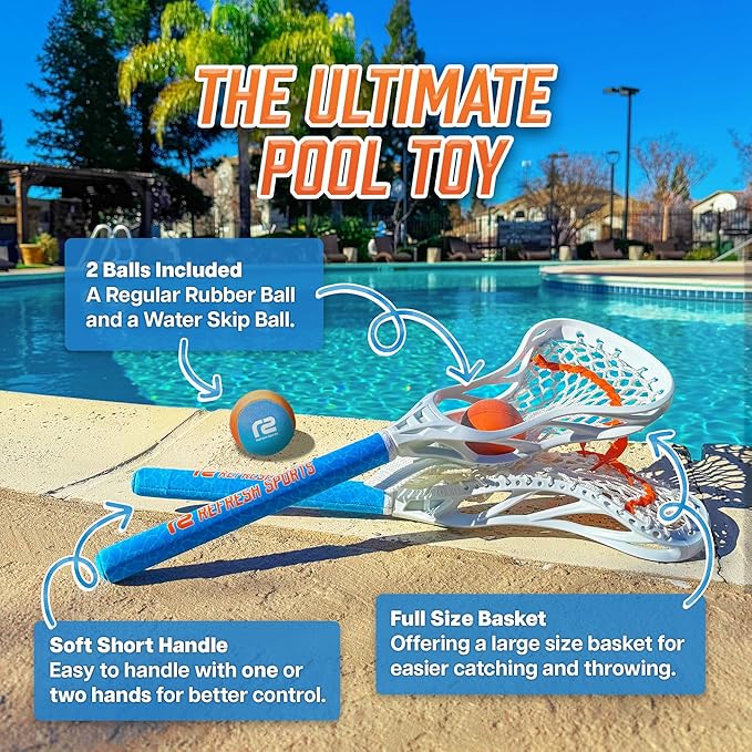 Mini Toss Lacrosse Set – The Ultimate Game for the Pool or Beach & Backyard - Comes with Water Skipping Ball, Rubber Ball & 2 Sticks with Premium Full Size Basket for Easier Catching and Throwing