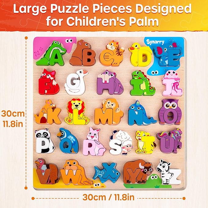 SYNARRY Wooden Alphabet Puzzle, 52 Pieces ABC Puzzles for Kids Ages 3-5, Alphabet ABC Letter Blocks Puzzles for Toddlers 2-4, Animals Letter Matching Preschool Learning Toys, Easter Gifts for Kids