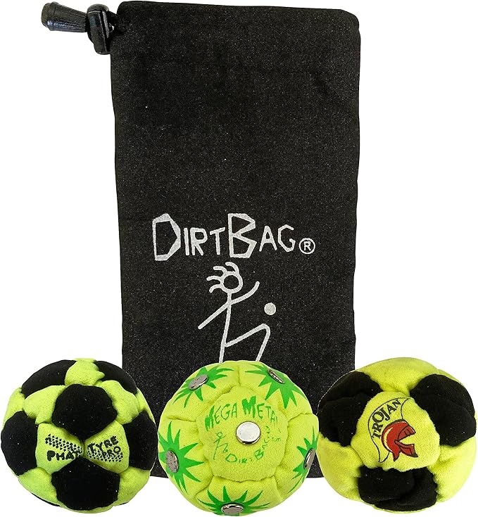 DIRTBAG Lover Footbag 3-Pack with Pouch, Includes Three Original and Unique Premium Quality Hand Sewn Footbags and Carry Pouch.