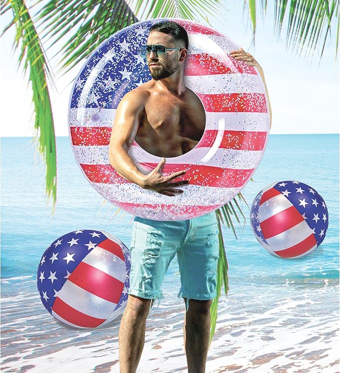 POZA Inflatable USA Pool Float - Luxurious Fun Lounger Filled with Sparkle Silver Stars Confetti, Cool USA Flag Design Water Swimming Pool Floaties for Beach, Lake & Pool