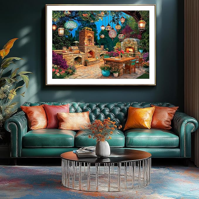 Blueforest 1000 Piece Jigsaw Puzzle for Adults - Enchanted Garden Patio: Mosaic Lanterns, Stone Fireplaces & Night Blooms, 27.5x19.7 Inch