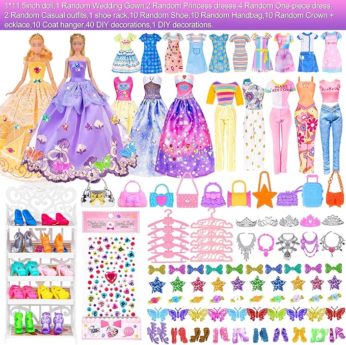iBayda 91pcs 11.5 Inch Girl Doll with Clothes, Accessories and Closet - Princess Gowns, Fashion Dresses, Outfits, Swimsuits, Shoes, Hangers - Dress Up Toys for Girls, Kids, Toddlers (Doll Included)