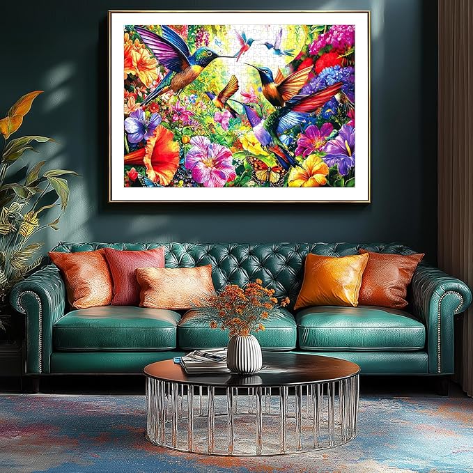1000 Piece Hummingbird Jigsaw Puzzle - Vibrant Floral Bird Garden with Butterflies, Colorful Nature Art Puzzle for Adults and Families