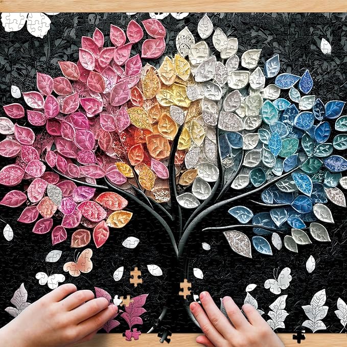 Puzzle for Adults 1000 Pieces,Gradient Crystal Leaf Flowers Tree Puzzle, Challening Impossible Difficult Hard Fun 1000 Pieces Jigsaw Puzzles for Adults Family with Letters on Back