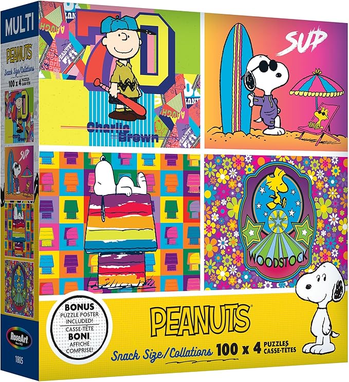 RoseArt - Snack Size Multi-Puzzle Set - Peanuts - 4 x 100 Piece Jigsaw Puzzle for Adults