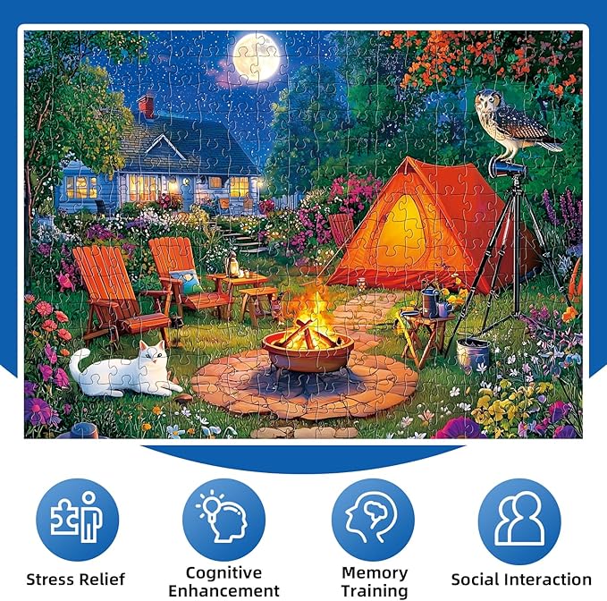 300 Pieces Puzzles for Adults,Moonlight Backyard Camping Puzzle,300 Pieces Puzzle for Adults Large Piece,Cute Cat Jigsaw Puzzles for Kids Ages 8-10,Gifts for Christmas Family Games Lovers 20.5 x 15 in