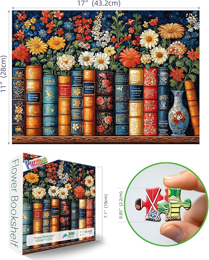 300 Piece Puzzle for Adults Vintage Books and Vibrant Flowers Jigsaw Puzzle Fun Colorful Nature Classic Library Design Puzzle with Letters on Back for Seniors Ideal Holiday