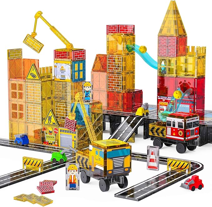 Magnetic Tiles Construction Toys with Road & Crane & Marble Run, Double-Sided Fire Station & Building Magnet Tiles for Kids Ages 4-8, STEM Magnetic Blocks Gifts for 3 4 5 6 7 8 Year Old Boys
