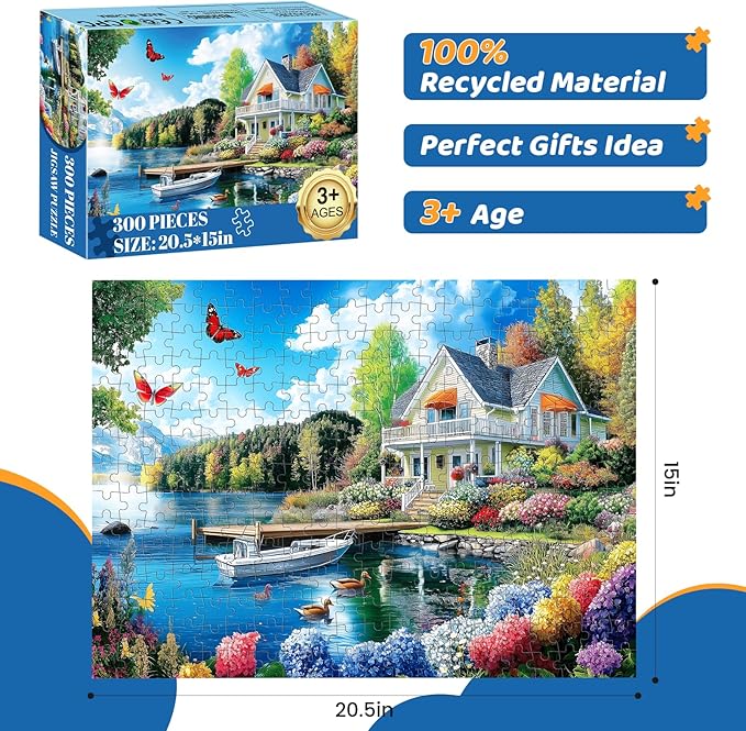 300 Pieces Puzzles for Adults | Lake House Jigsaw Puzzles | Large 300 Piece Puzzle for Children Adults Seniors | Sturdy,Safe | Engaging & Educational Toys Great Gift for Boys Girls 20.5 x 15 in