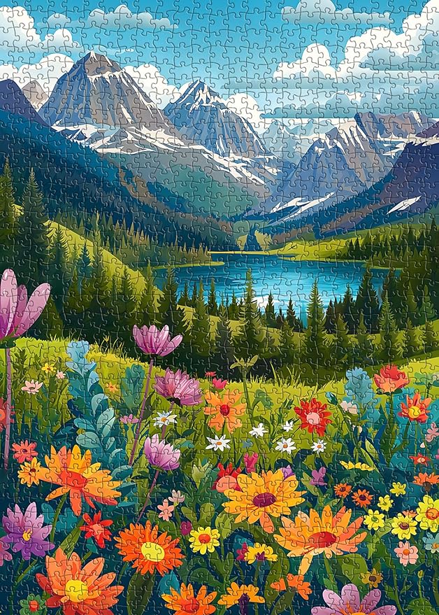 Landscape Puzzles for Adults 1000 Pieces, Flower Mountain Puzzle Art, Lake Scenic Jigsaw Puzzles for Adults