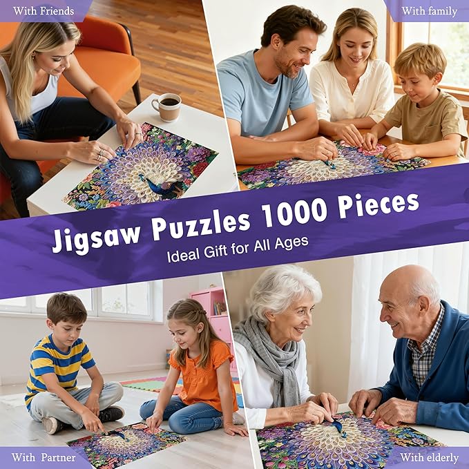 Crystal Peacock Puzzles for Adults 1000 Pieces, Pretty Embroidery Diamond Adults Puzzles,Perfectly Letter on Back No Dust, Matte Finish 3D Embroidery Puzzles Home Decor, 27.5" x 19.7" Gifts Games