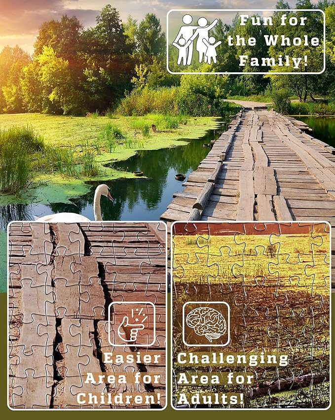 1000 Piece Puzzle for Adults - Golden Hour Lake with Wooden Bridge & Swans, Gift-Ready Box, Letters on Back, 8 Jigsaw Puzzle Saver Sheets & Full-Size Poster by GERJATO - Ideal Gift for Loved Ones