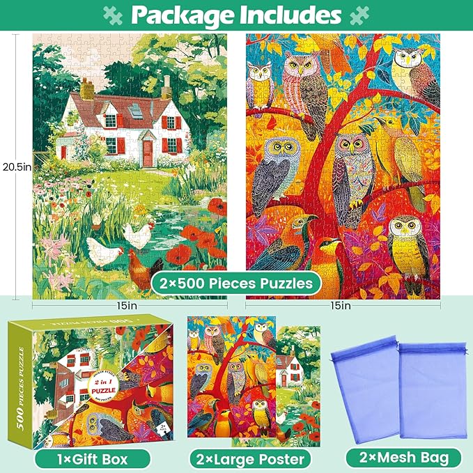 2 Pack 500 Piece Puzzles for Adults,Country Jigsaw Puzzles 500 Pieces,Owl Forest Puzzles for Adults Jigsaw Puzzles Sets Puzzle with Letters on Back Challenging Puzzles Family Game Gift Toy