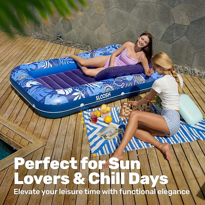 SLOOSH Inflatable Tanning Pool Lounger Float, 85" x 57" Extra Large Pool Floats Adult with Pillow, 4 in 1 Suntan Tub Raft Floatie,Sunbathing Bed Lounge for Water Blow Up Ball Pit, XL-Dark Blue