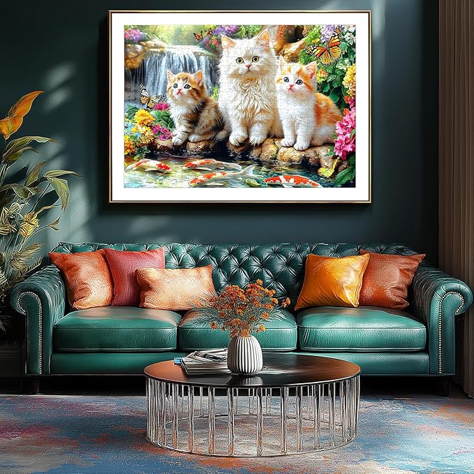 500 Pieces Puzzles for Adults, 500 Pieces Puzzles Cats and Koi Pond, Animal Pet Lover Jigsaw Puzzle for Adults Challenging Perfect for Game Nights (27.5"x19.7")