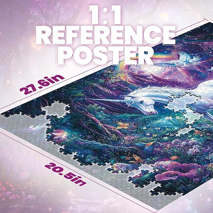 Puzzles for Adults 1000 Pieces, Glitter Unicorn 1000 Jigsaw Puzzle, Rainbow Forest Puzzle 1000 Pieces, Creative Games and Gifts Difficult Puzzle Home Decor Toy (27.5"x19.5"), 1:1 Poster