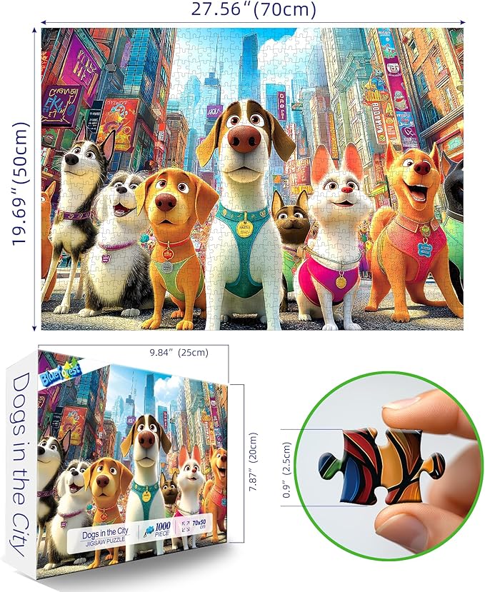 Blueforest 1000 Piece Puzzle for Adults - Cartoon City Pet Squad Art, 27.5x19.7 Inches Premium Jigsaw Puzzle for Game Nights Relaxation & Home Decor