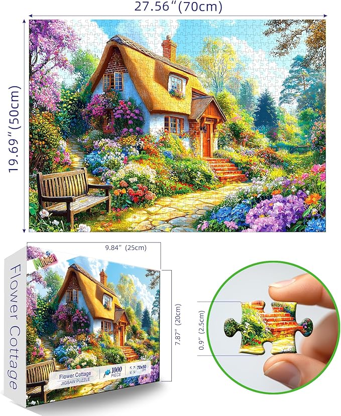 Cottage Garden 1000 Piece Jigsaw Puzzles for Adults, Colorful Floral Landscape with Thatched Roof House, Puzzles with Letters on Back for Easy Sorting, Hard Unique Puzzle Games for Adults Game Night
