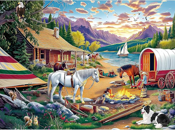 Jigsaw Puzzle, 500 Piece Jigsaw Puzzle for Adults Kids, Lakeside Camping Horse Dog Puzzle 500 Pieces, Birthday for Family Game Nights, Finished Size 20.5 x 15 in