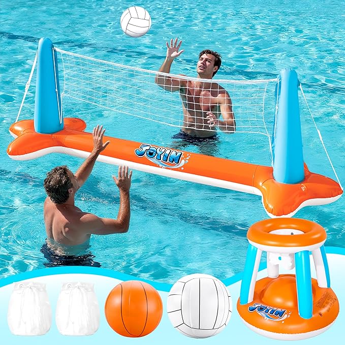 JOYIN XL Inflatable Pool Float Set, 125'' Volleyball Net & Basketball Hoops, Extra Large Floating Swimming Game Toy for Kids and Adults, Summer Floaties, Volleyball Court|Basketball, XL-Orange