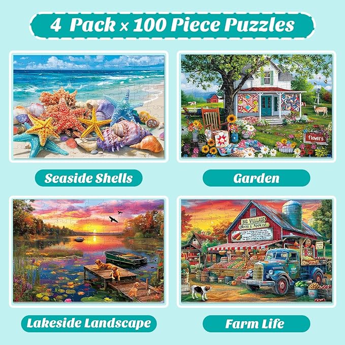 4-Pack 100 Piece Puzzles for Kids Ages 6-8 8-10 - Large Piece Puzzles for Dementia Seniors - Farm Countryside Jigsaw Puzzles for Adults & Kids Ages 4-6, Learning Educational Toys Gifts for Boys Girls