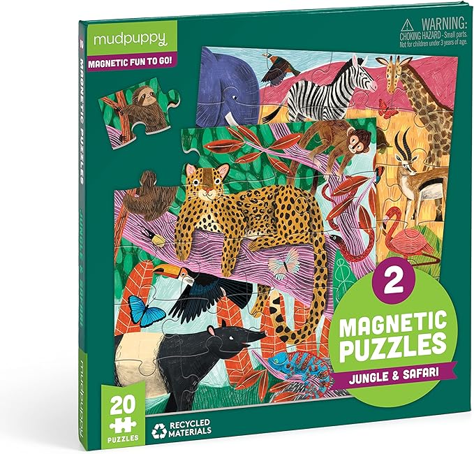 Mudpuppy Jungle & Safari - Tri Fold Magnetic Puzzles Featuring Two 20 Piece Jungle and Safari Themed Artwork