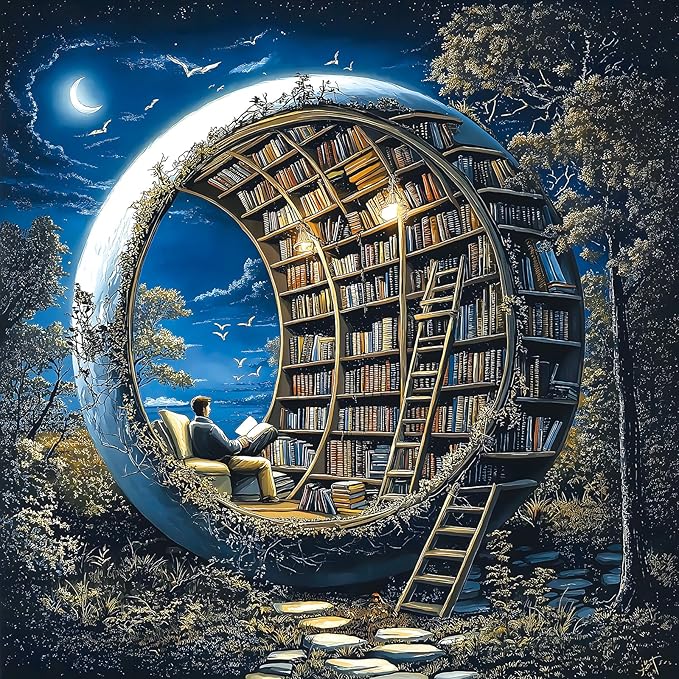 MINIWAN Fantasy Moon Shaped Library 500 Piece Jigsaw Puzzle for Adults, Surreal Night Sky Reading Man Jigsaw Puzzle, Large Piece Puzzle for Seniors, Gift for Book Lovers 20x20 Inch
