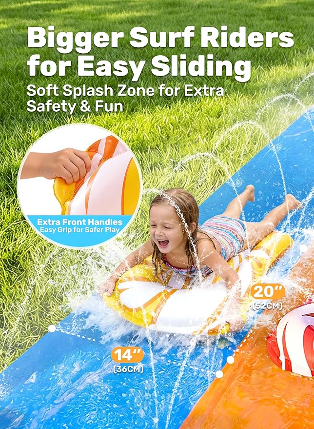 JOYIN 32.5FT Water Slide and 2 Inflatable Boards, Extra Long Double Lawn Heavy Duty Splash Mat Pad with Sprinkler for Kids Adults Backyard Summer Water Toy Outdoor Fun, Blue, Orange