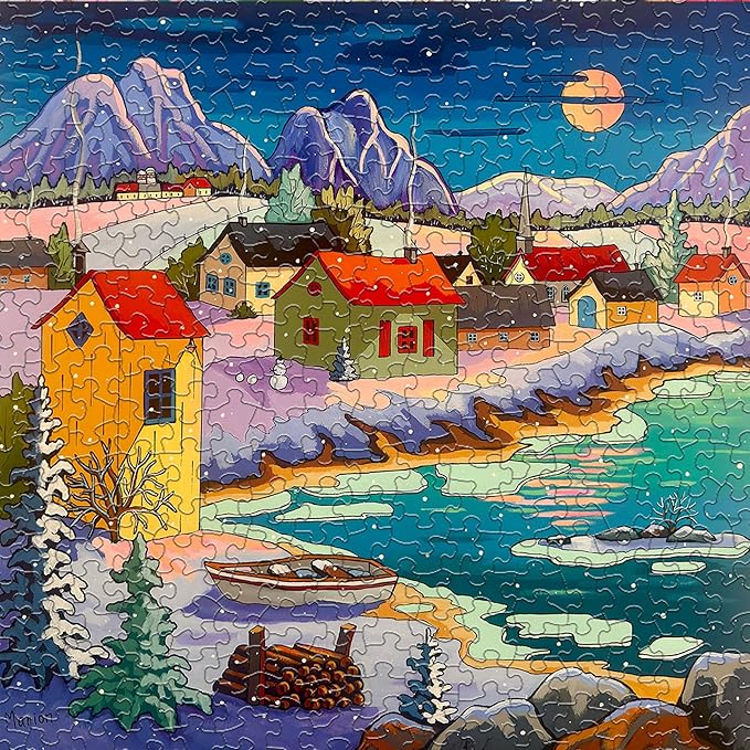 Springbok Moonlit Winter Village 500 Piece Puzzle for Adults - Peaceful Winter Puzzle Featuring a Cozy Snowy Village by a Moonlit Lake