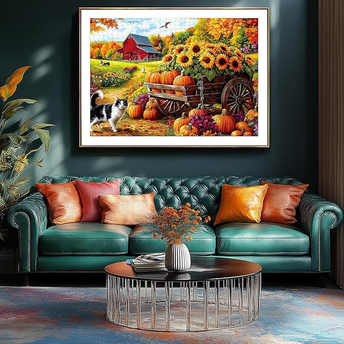 MINIWAN 500 Piece Puzzles for Adults - Autumn Farm Pumpkin Sunflower Cat Jigsaw Puzzle, 23x15 Inches with Unique Irregular Shaped Pieces for Relaxation & Home Wall Decor