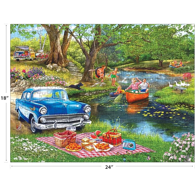 RoseArt - Chris Bigelow Illustrations - Good Times At The River 500 Piece Jigsaw Puzzle - Country Fishing and Boating Summer Scene– Adult Puzzle – Finished Size 18 x 24, Made in USA