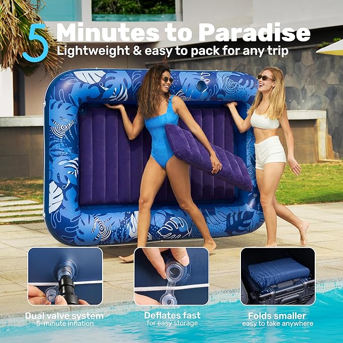 SLOOSH Inflatable Tanning Pool Lounger Float, 85" x 57" Extra Large Pool Floats Adult with Pillow, 4 in 1 Suntan Tub Raft Floatie,Sunbathing Bed Lounge for Water Blow Up Ball Pit, XL-Dark Blue