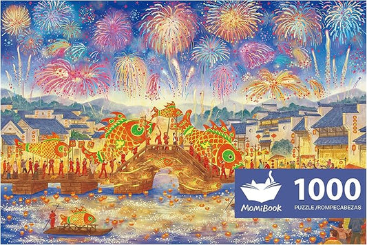MOMIBOOK 1000 Piece Puzzle for Adults Jigsaw Puzzles of Lanternlit Starnight, Gilding Happy New Year Painting Image Challenging Hard Impossible Puzzle Unique Party Christmas Birthday Gifts
