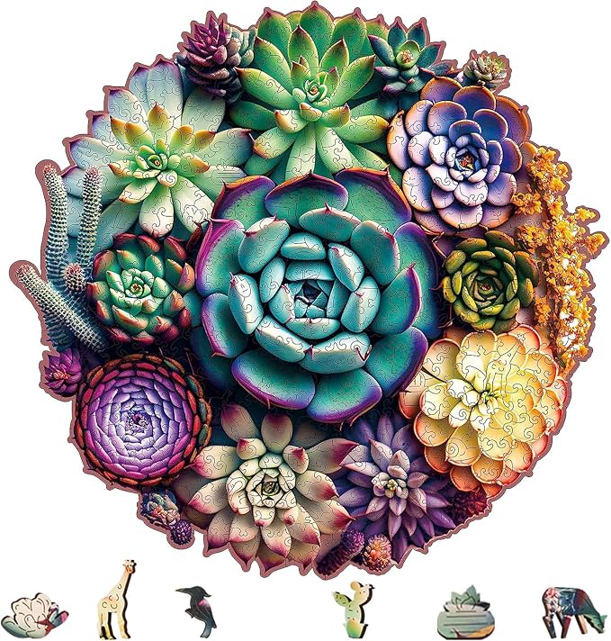 Delobil Wooden Jigsaw Puzzles - Mandala Succulent Plants, 100 Piece Luxurious Shaped Wooden Puzzles for Adults and Kids, Family Game, 7.7'' x 7.4''