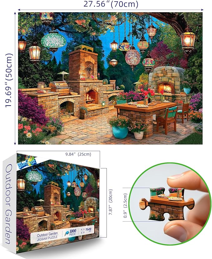 Blueforest 1000 Piece Jigsaw Puzzle for Adults - Enchanted Garden Patio: Mosaic Lanterns, Stone Fireplaces & Night Blooms, 27.5x19.7 Inch