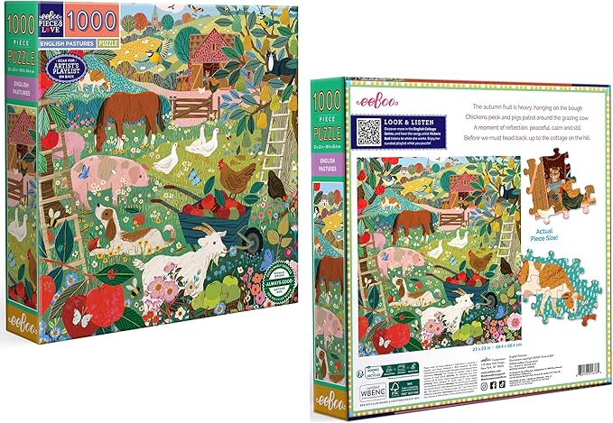 eeBoo 1000 Piece Puzzle - English Pastures Jigsaw Puzzle for Adults, Square 23" x 23" Made with Recycled Board & Vegetable-Based Ink