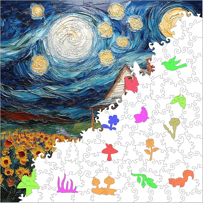 Leodozzio Wooden Puzzles for Adults, Starlight House Jigsaw Puzzles 200 Pieces, 5MM Thick Unique Shaped Animal Wooden Puzzle, Perfect Choice for Gifts, Wall Art Room & Artistic Home Decor, 11.2"x11.2"