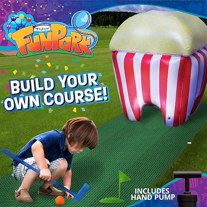 FunPark Inflatable Mini Golf Set – 13-Piece Course with Adjustable Clubs, Balls, Putting Cups, Green Mats and Themed Obstacles for Indoor or Outdoor Play, Active Game for Boys ANG Girls, Ages 6+