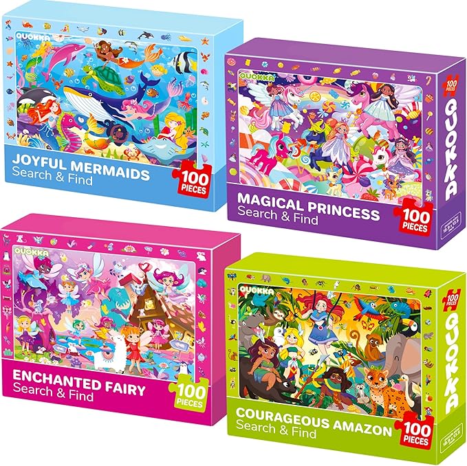 QUOKKA 100 Piece Puzzles for Kids Ages 4-6 – 4 Set Princess Puzzles for Kids Ages 6-8 – Search and Find Game with Unicorn, Mermaid, Fairy for Toddlers 3-5 – Learning Toy Gift for Boys and Girls