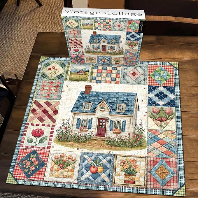 Patchwork Puzzles for Adults 1000 Pieces, PICKFORU Vintage Collage Puzzles House, Retro Spring Flower Pattern Puzzle as Wall Decor