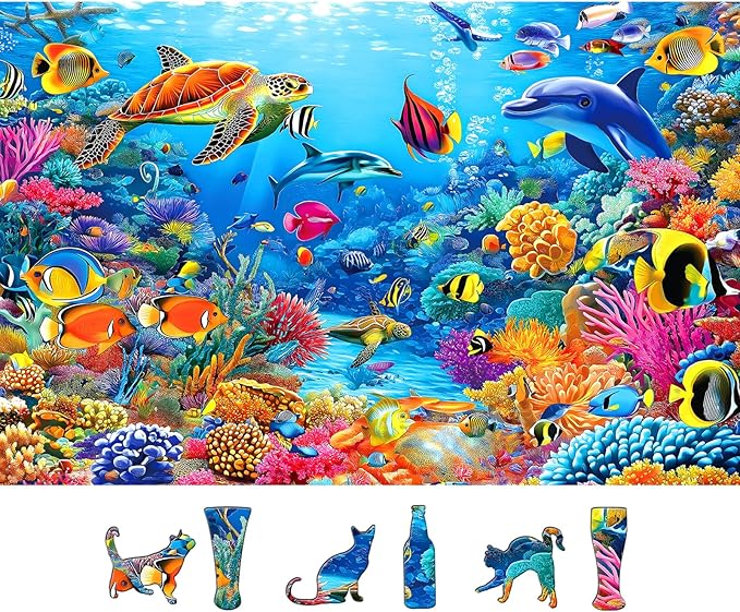 MINIWAN 500 Piece Puzzles for Adults - Vibrant Underwater Coral Reef Sea Turtle Dolphin Jigsaw Puzzle, 23x15 Inches with Unique Irregular Shaped Pieces for Relaxation & Home Wall Decor