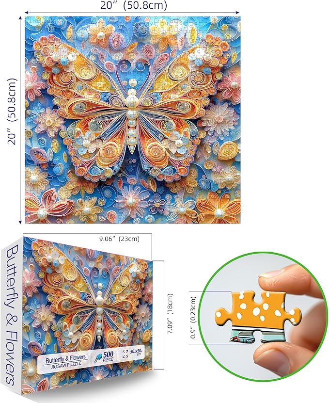 Blueforest Butterfly Flower 500 Piece Puzzles for Adults, Large Puzzles for Seniors, Impossible Challenge Art Jigsaw Puzzles, for Gifts Party Games Family Fun, 20x20 Inch Dust Free Puzzle