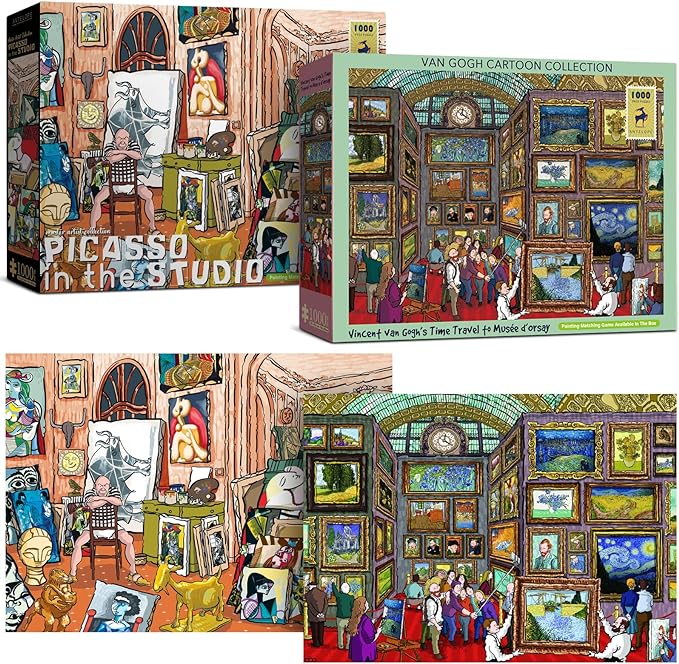 Antelope 2 in 1 1000 Piece Puzzle Bundle - Van Gogh's Time Travel to Muse Da Orsay & Pablo Picasso Studio