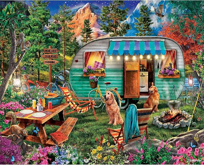 White Mountain 1000 Piece Jigsaw Puzzle Scenic Summer Camping Puzzles with Large Pieces for Adults and Family 24"x30" - Camper
