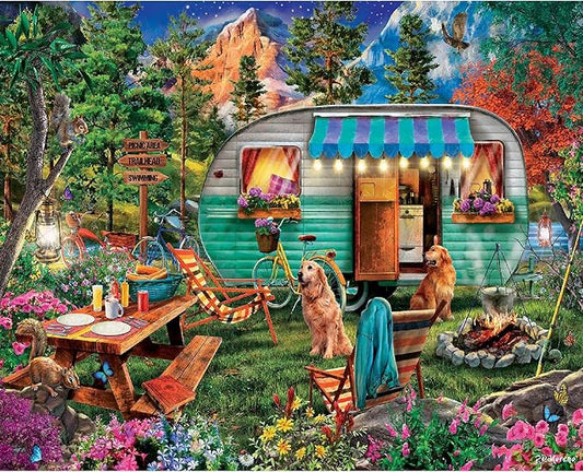 White Mountain 1000 Piece Jigsaw Puzzle Scenic Summer Camping Puzzles with Large Pieces for Adults and Family 24"x30" - Camper