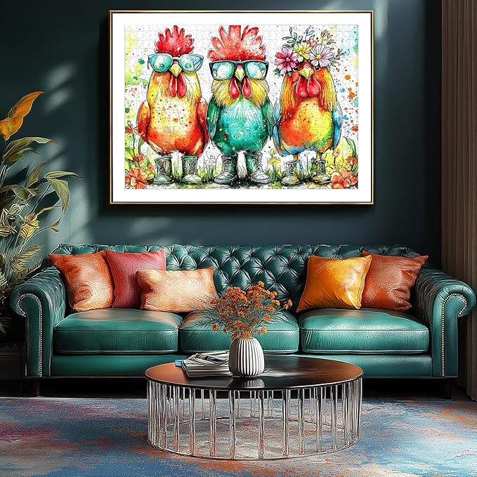 Colorful Roosters 500 Piece Puzzles for Adults Watercolor Farm Animal Jigsaw Puzzles Fun Roosters Wearing Sunglasses Puzzle with Letters on Back Challenging Family Seniors Puzzle (23"X15")