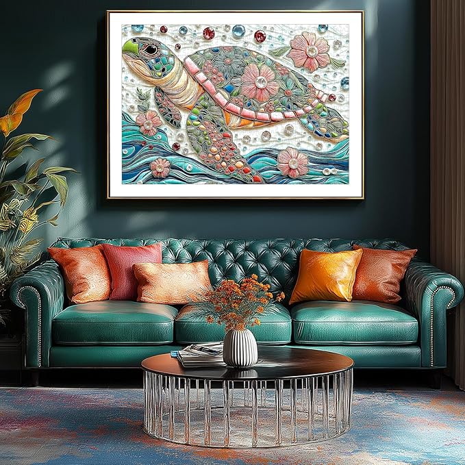 1000 Piece Puzzle for Adults Sea Turtle Ocean Mosaic Mbroidery with Vibrant Gem Floral Jigsaw Puzzle Colorful Beautiful Underwater Sea Puzzle with Letters on Back for Game Night