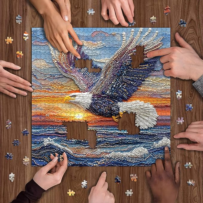 Beaded Eagle Puzzle for Adults 1000 Pieces, Colorful Bald Eagle Over Ocean Puzzles, Unique Jewelry Bird Jigsaw Puzzle Animal Art, Impossible Difficult Hard Challenging Puzzles