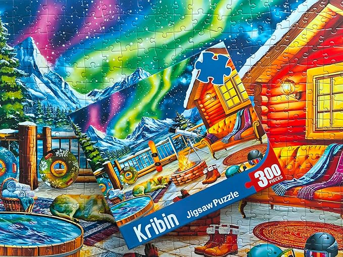 300 Piece Puzzles for Adults Large Piece - Jigsaw Puzzle for Kids Seniors - Northern Lights Lounge Cabin