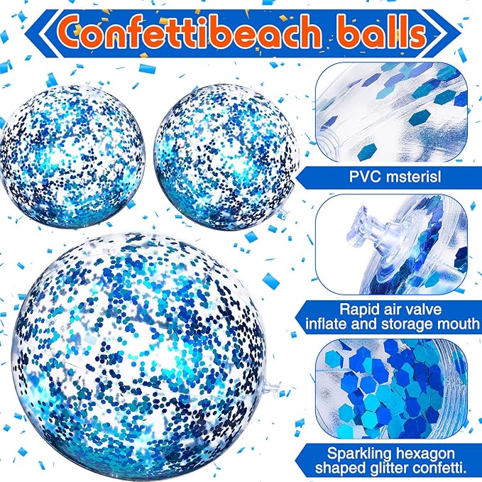 Lewtemi 12 Pcs Inflatable Glitter Beach Balls 16 Inch 24 Inch Shiny Giant Confetti Balls Swimming Pool Beach Blow up Balloon for Outdoor Summer Party Wedding Decor(Blue)